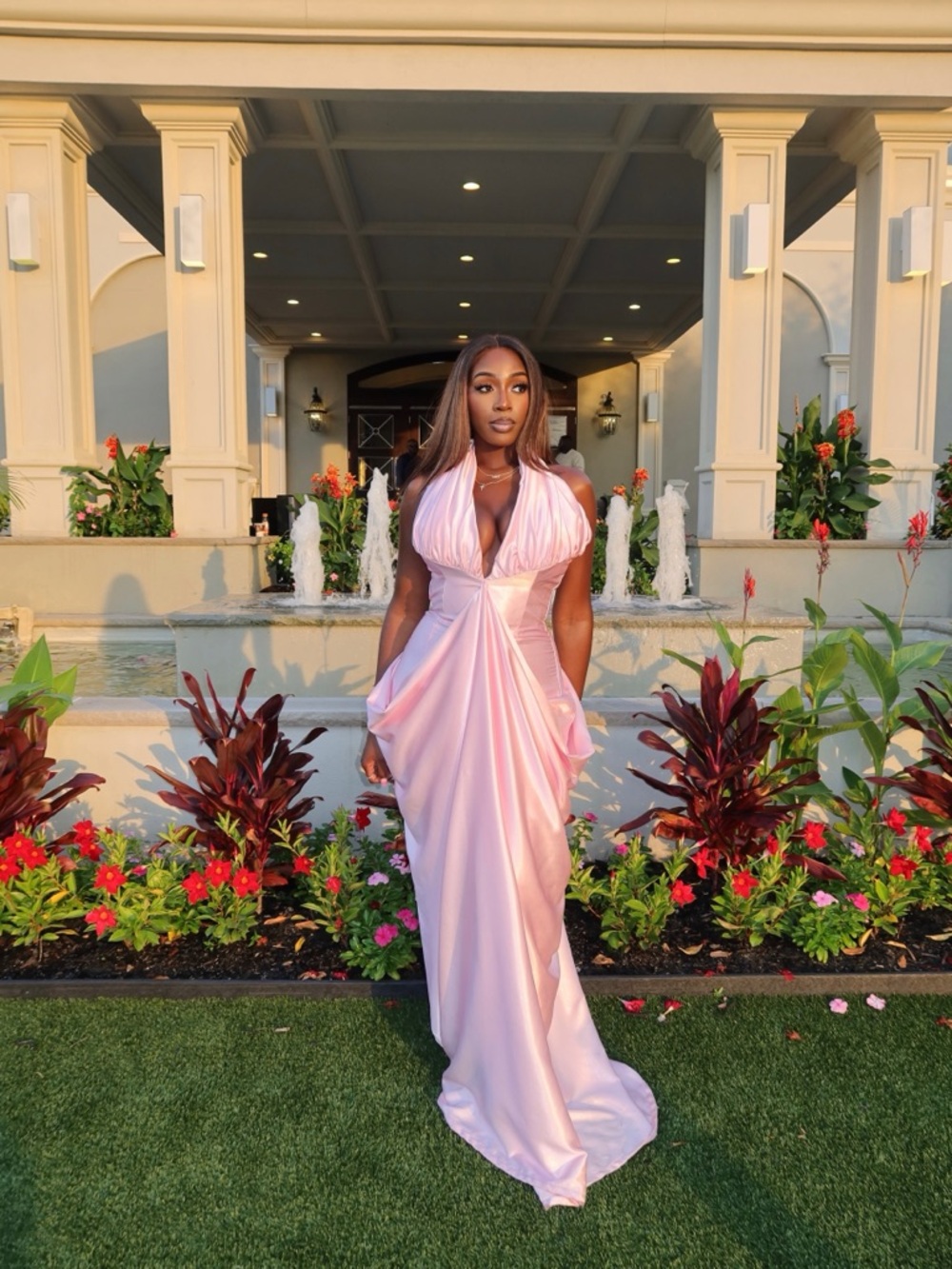 Custom Elegant Pink Satin Halter Evening Dress